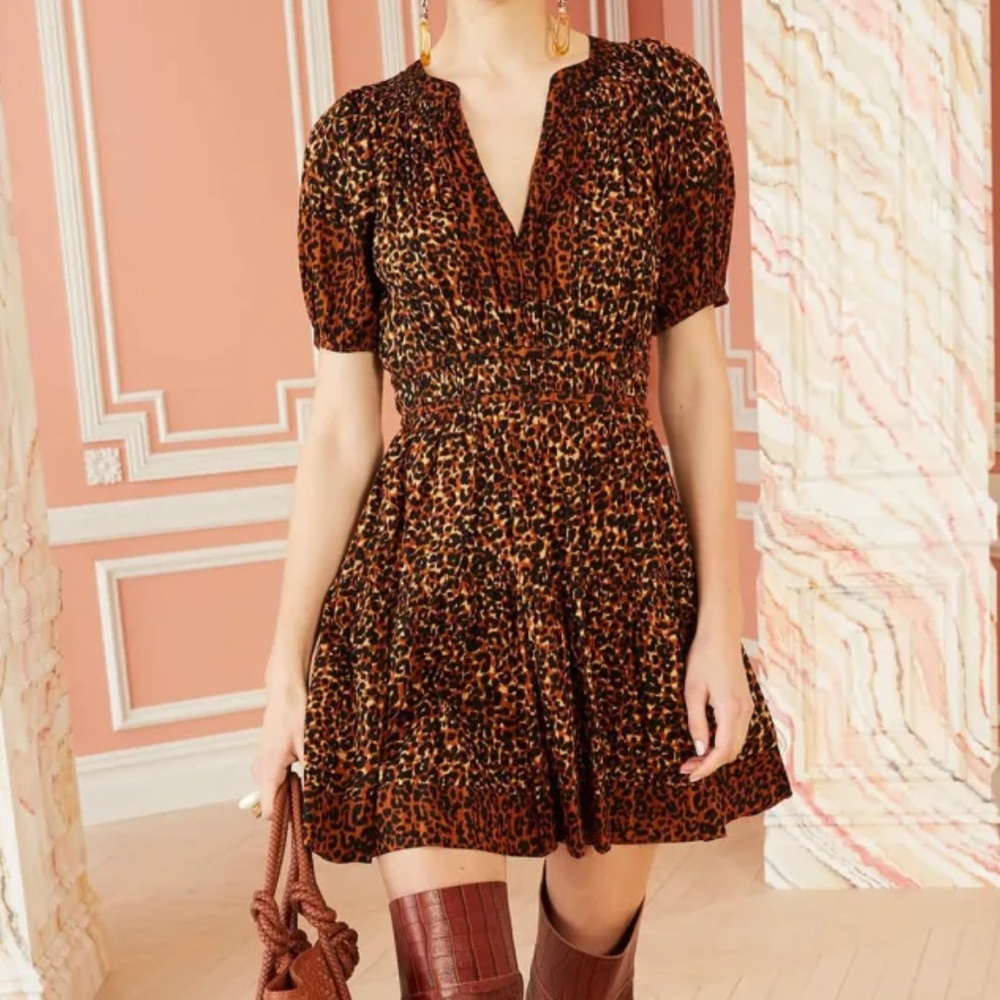 ULLA JOHNSON Mariana Fit & Flare Dress Leopard Animal Print Short Puff Sleeve